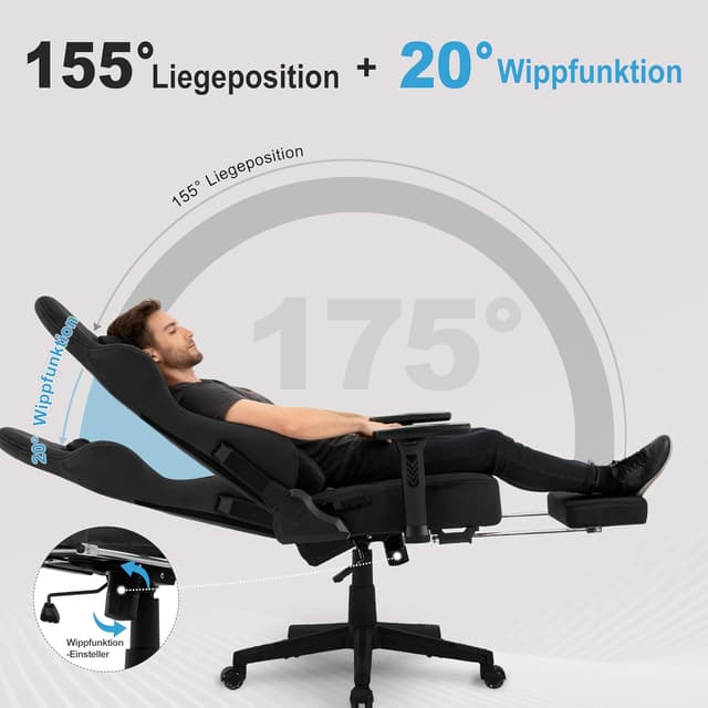 Detalle de Symino Gaming-Stuhl mit Latex-Sitzkissen, Memory-Schaum-Lendenstütze & 300 kg Belastbarkeit – schwarz