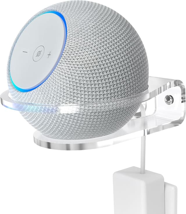 Detalle de HomeMount Wandhalterung für Google Nest/Apple-Umfeld: Dot 4./5. Gen, Dot Max & HomePod Mini (Acryl, Schutzring) – 1 Stück