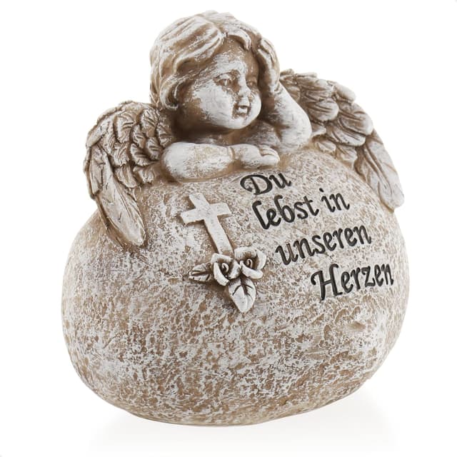 Detalle 2 de com-four® decorazione tombale a cuore con angelo e iscrizione commemorativa “Angelo Tu vivi nei nostri cuori” (1 pezzo)