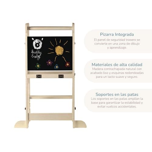 Detalle de Buddy Baby Xperimenta: torre de aprendizaje Montessori de madera maciza (2 en 1) con escritorio y taburete