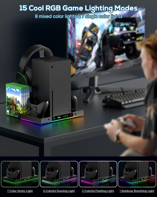 Detalle de MENEEA Upgraded Cooling Fan Charging Station for Xbox Series X (Dual Controller Dock + Cooler Stand, RGB Lights)