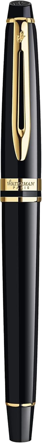 Detalle de Waterman Expert Gloss Black Fountain Pen with 23k Gold Trim (Fine Nib) | Gift Box