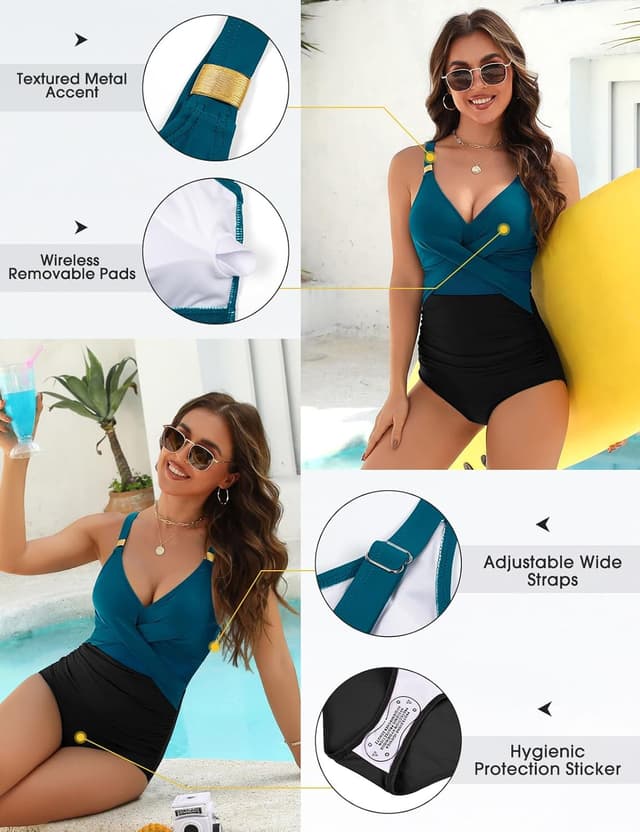 Detalle de FemiChic Maillot de bain une pièce femme gainant à col en V et froncé ventre (grande taille)