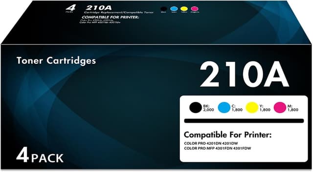 Detalle de WOWTONER 210A High-Yield Toner Cartridges 4-Pack (Black, Cyan, Magenta, Yellow) Compatible for HP Color LaserJet Pro MFP/4201 & 4301 Series