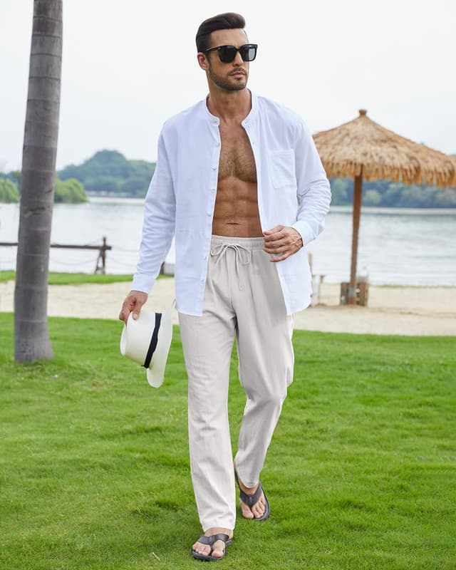 Detalle de Pantalon coton lin homme décontracté NANAMEEI – ample, léger pour été, ceinture élastique et cordon