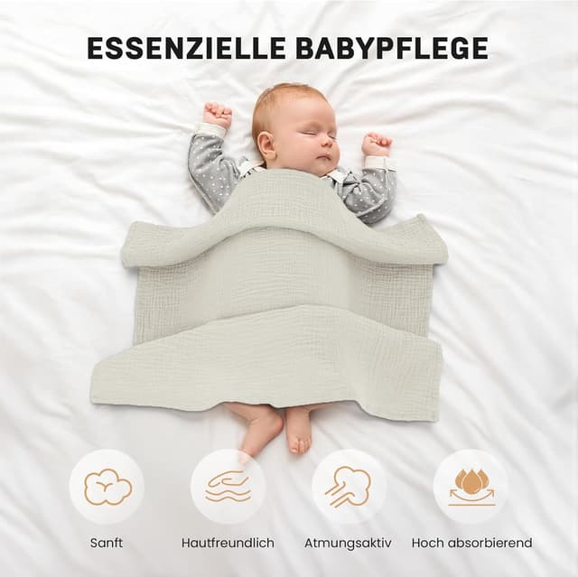Detalle de IKWOLETI Mulltücher Baby (4er-Set) aus Musselin-Baumwolle, 60x60 cm – Grau & Grün