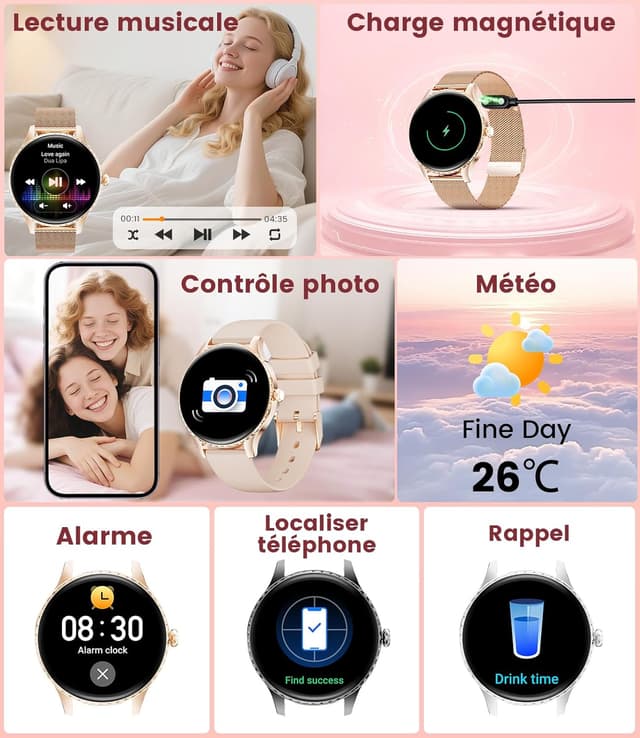 Thumbnail 6 de Montre connectée femme LIGE SMART avec appels Bluetooth et écran AMOLED 1,32" IP68 (or rose)