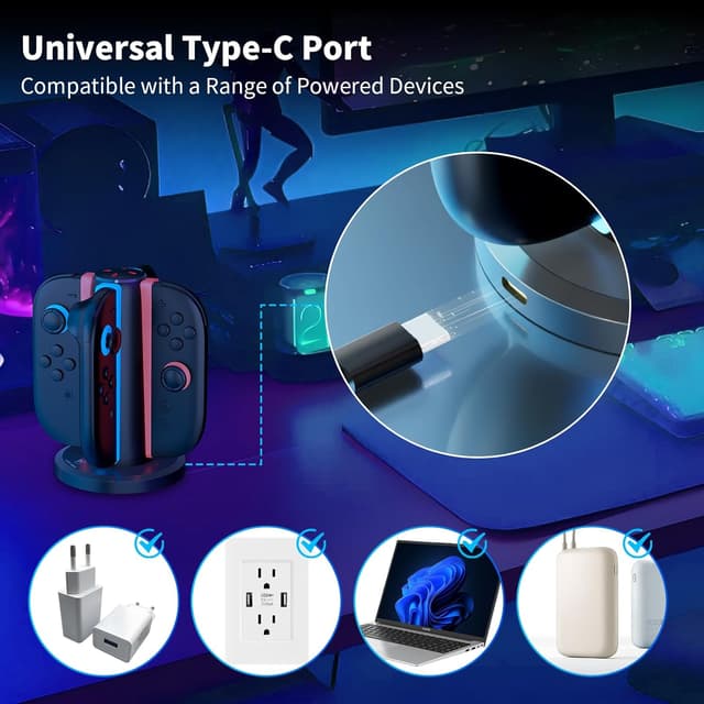 Detalle 2 de AceGamer 4-In-1 Charging Dock for Nintendo Switch 2 Joy-Con (4-Port Magnetic Charging Station, Black)