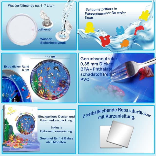 Detalle de Glinbo Wassermatte Baby – BPA-freie Wasserspielmatte XXL für Bauchlage