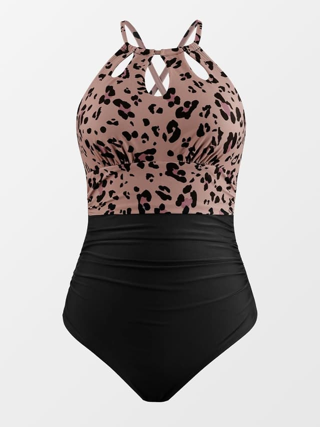 Detalle de CUPSHE Costume da bagno intero donna con collo alto e controllo pancia (stampa leopardata)