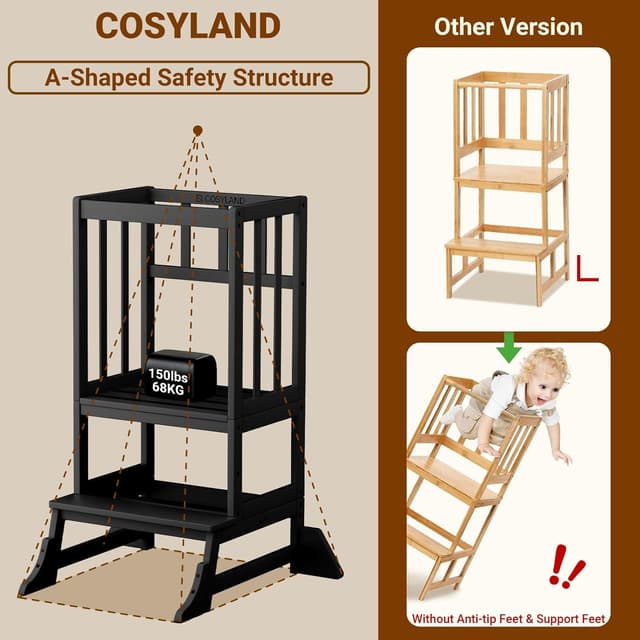 Detalle de COSYLAND Toddler Kitchen Step Stool Height Adjustable (Black) – Learning Tower for Kitchen & Bathroom Counters