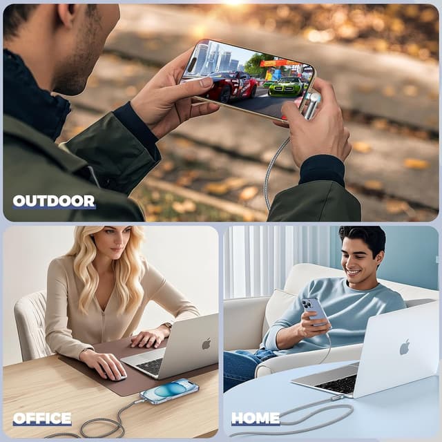 Detalle de USB-C to USB-C 10ft 240W Cable (2-Pack) with 180° Rotating Heads, Braided—Light Gray