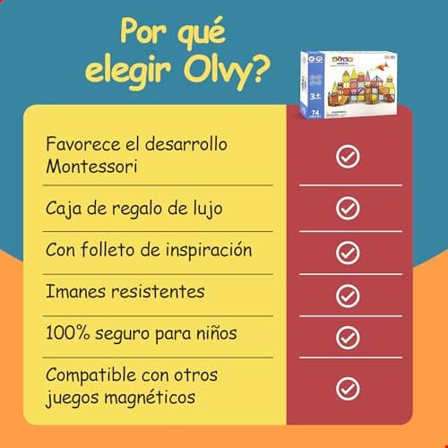 Detalle de Olvy juego de 120 bloques de construcción magnéticos Montessori (120 azulejos magnéticos) desde 3 años