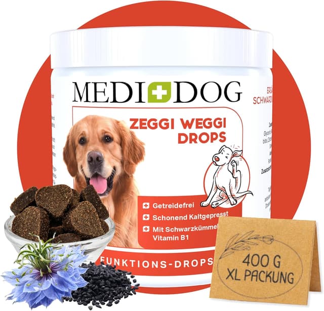 Detalle de MEDIDOG Zeggi Weggi Premium Drops für Hunde mit Schwarzkümmelöl & Lammprotein – 400 g