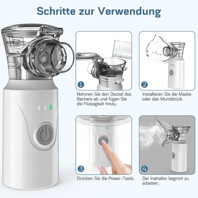 Detalle de Tragbares Nigecue Inhalationsgerät (Vernebler-Set) mit Mundstück, 2 Masken und USB-C Akku