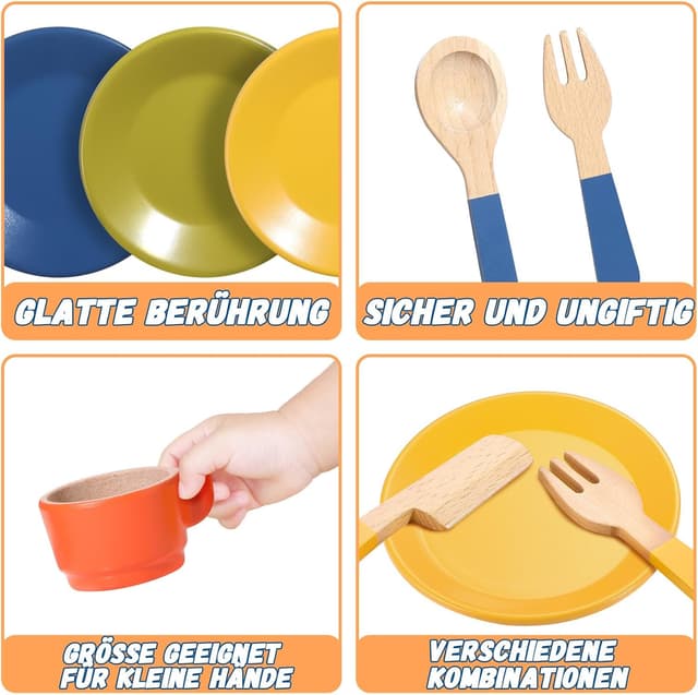 Detalle de GAGAKU Holz-Geschirrset für Kinder (26-teilig) – Kinderküche & Spielküche Zubehör