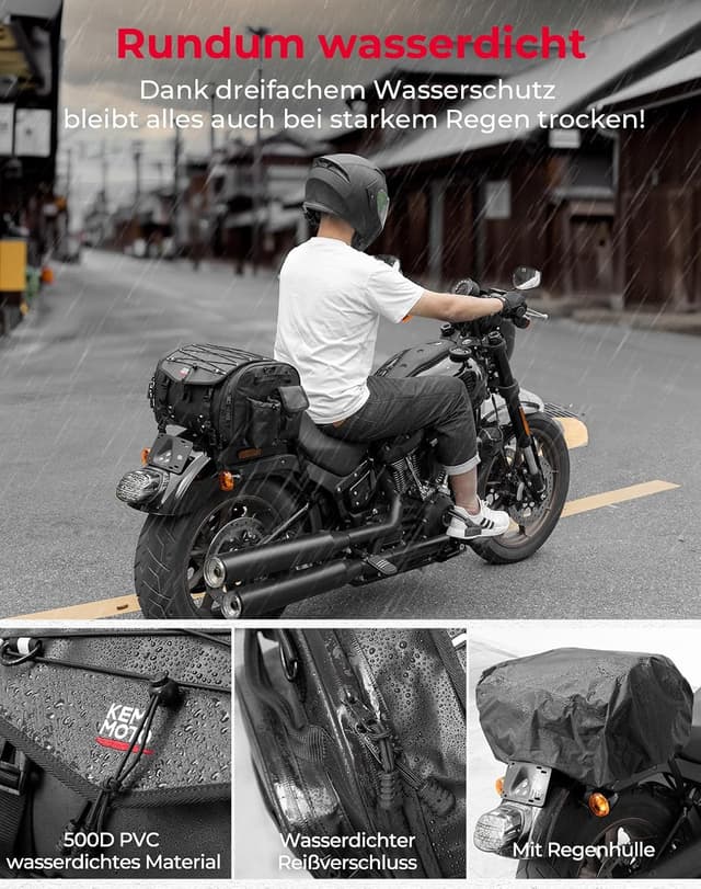 Detalle 2 de KEMIMOTO Borsa Posteriore Moto espandibile 24-32L impermeabile con copertura antipioggia e zainetto removibile, nero