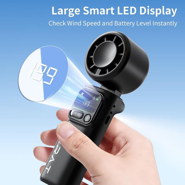 Detalle de Lerat Portable Handheld Turbo Fan (5-Speed Turbo, 4000mAh Rechargeable, Foldable 3-in-1) — Black