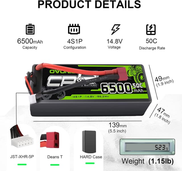 Detalle de OVONIC LiPo Akku 4S 14,8V 6.500 mAh 50C mit Deans T-Stecker (Hardcase, 1 Stück)