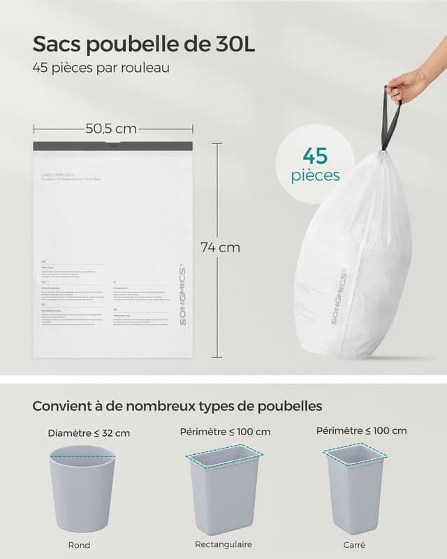 Thumbnail 4 de SONGMICS Sacs poubelle 30L à liens coulissants, 45 pcs 🗑