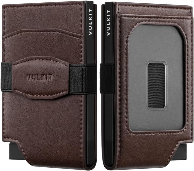 Detalle de VULKIT Pop Up Card Wallet with Money Strap Leather Front Pocket (RFID Blocking) – Espresso