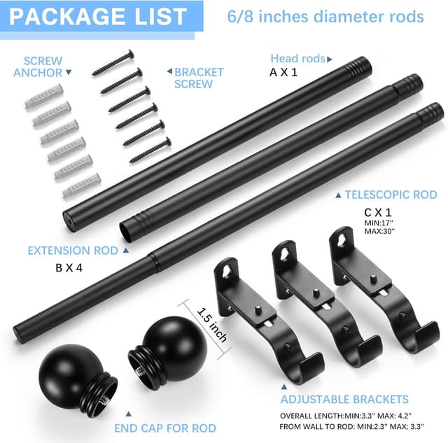 Detalle de AMZSEVEN Adjustable Curtain Rods for Windows (16 to 92 Inches, up to 104 IN Max) — Round Finials, Black