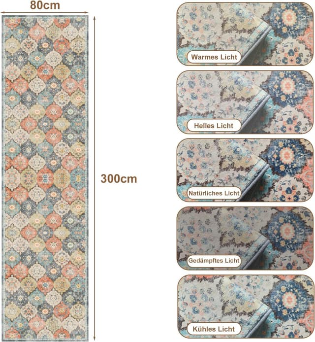 Detalle de WTHYGB Teppich Läufer für Flur & Küche (80x300 cm) – rutschfest, waschbar, Blumen/Boho