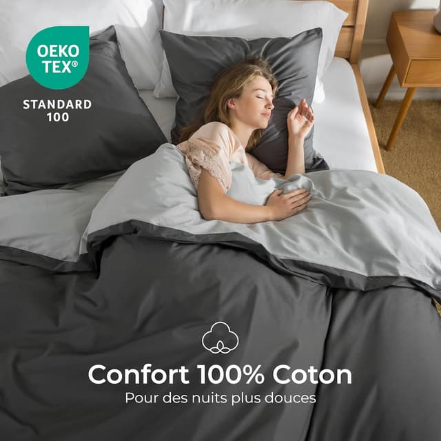 Detalle 2 de Dreamzie Parure de lit en coton réversible gris foncé 140x200 (housse de couette + taie 65x65) certifiée Oeko-Tex