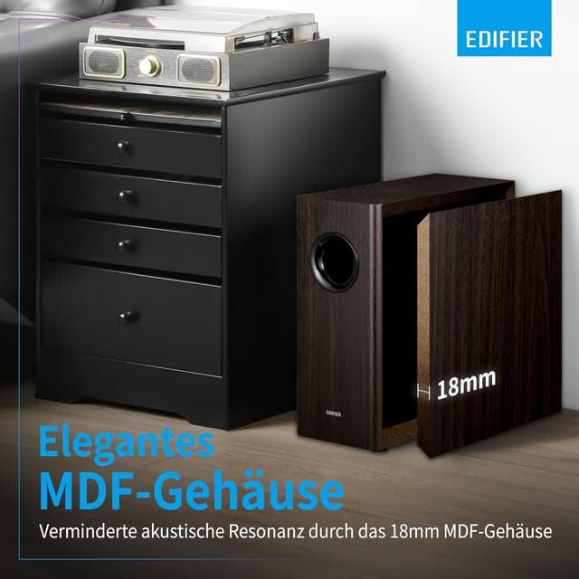 Detalle de Edifier T5s Aktiv-Subwoofer mit 8‑Zoll‑Tieftöner, 70 Watt RMS und Low‑Pass‑Filter bis 35 Hz
