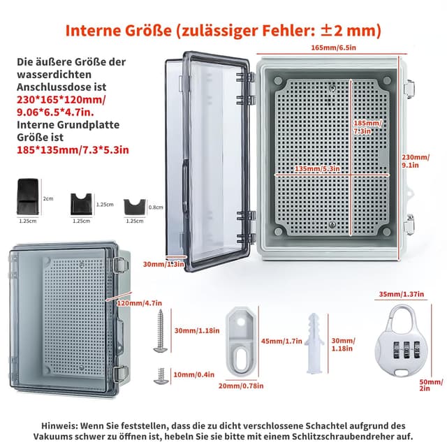 Detalle de Wasserdichte Anschlussdose IP65 Aufputz-Verteilerkasten mit ABS-Gehäuse, transparentem Deckel und Schloss (230 × 165 × 120 mm)