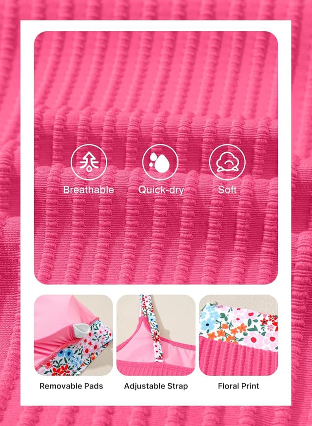 Detalle de Herseas Women's Textured Bikini Sets Floral Print Trim Scoop Neck (High-Waisted)