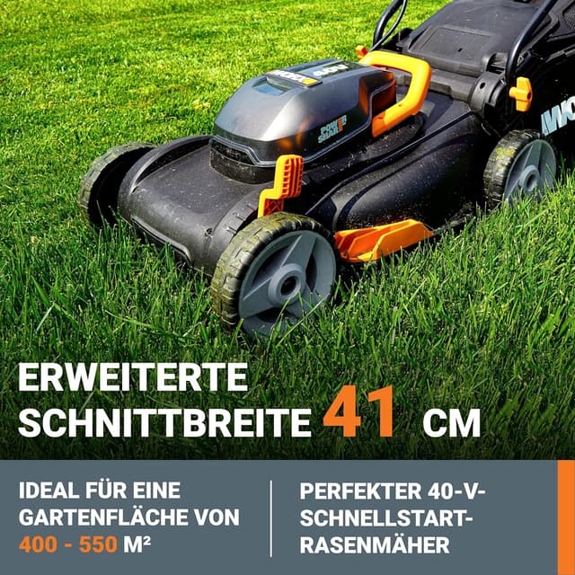 Detalle de WORX Nitro WG734E Profi Akku-Rasenmäher 40V – 40 cm Schnittbreite mit 2x PowerShare PRO Akkus & Dual-Ladegerät