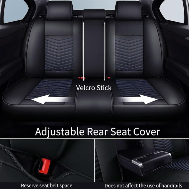 Detalle de HChengkikz Universal Car Seat Covers (5-Piece Set) — Breathable, Waterproof Faux Leather, Airbag-Compatible, Black + Blue