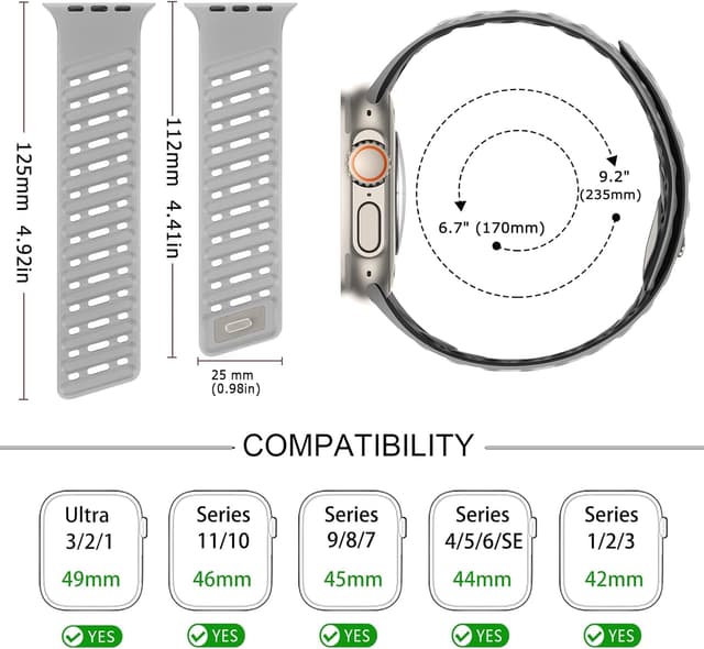 Detalle de Tasikar Clip Magnetic Straps for Apple Watch – Grey-Black silicone waterproof breathable band (fits 42–49mm)