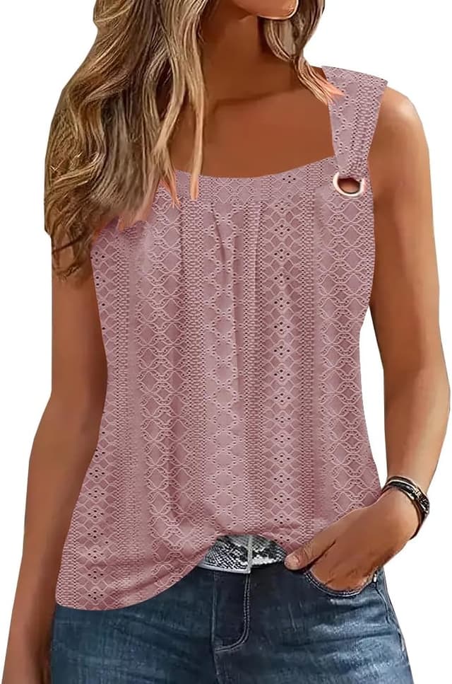 Thumbnail 6 de Summer Tank Tops for Women Pleated Square Neck O-Ring Shoulder Sleeveless Casual Loose Fit