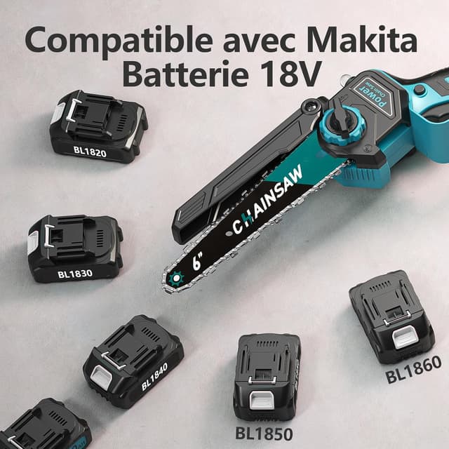 Detalle 2 de VIWKO Mini tronçonneuse sans fil 6 pouces 1000 W brushless, compatible Makita 18V (2 batteries 2000 mAh + 3 chaînes)