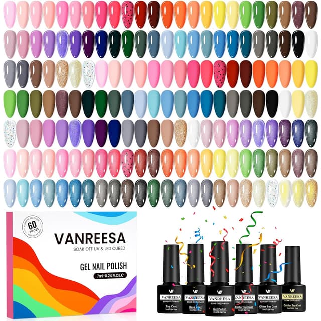 Detalle de VANREESA UV-Nagellack-Set mit 55 Farben, Unterlack und Überlacken (inkl. Glitzer & mattem Finish)