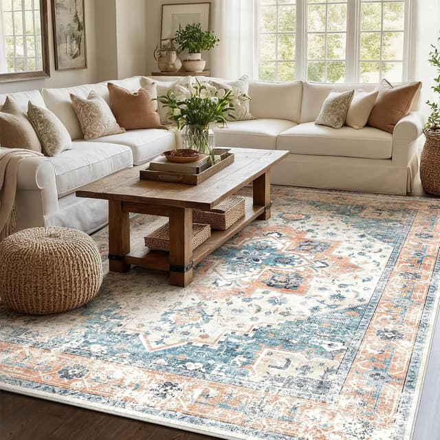 Detalle de XSIVOD Blue Area Rug 240 x 300 cm – washable non-slip vintage-style low pile for living room, bedroom & dining room
