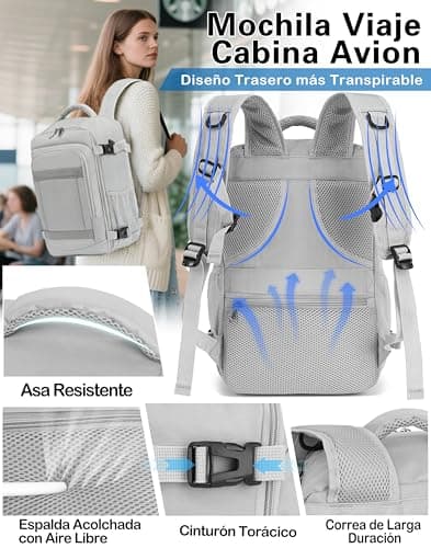 Detalle de KLOSTAIN Mochila de cabina para avión 40x20x25 cm y 20L (gris claro) para portátil