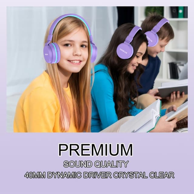 Detalle 2 de Kids Bluetooth Headphones (Purple) with Built-in Mic, 40H Playtime & Bluetooth 5.3 (Over-Ear, Volume Limited)