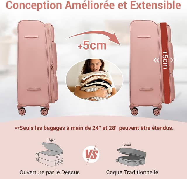 Detalle de Miss Lulu Valise Grande Taille 30 pouces extensible 85 cm, 112 L, tissu nylon 75D/750D imperméable, roues 360° et serrure TSA (rose)