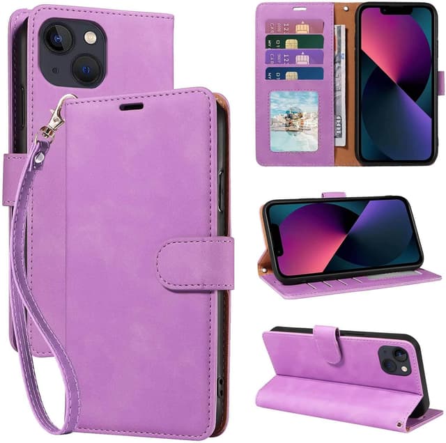 Detalle de GOTOURED Handyhülle für iPhone 13 mit Klappfunktion, RFID-Blockierung, Kartenfächern, Handgelenksgurt und Stand (Lila)