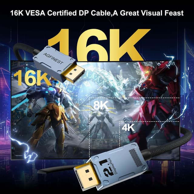 Detalle de AGFINEST DisplayPort 2.1 Kabel (VESA zertifiziert) 80 Gbit/s – 16K@60Hz, 8K@120Hz, 4K@240Hz, DP2.1 mit DSC 1.2a, 1 m