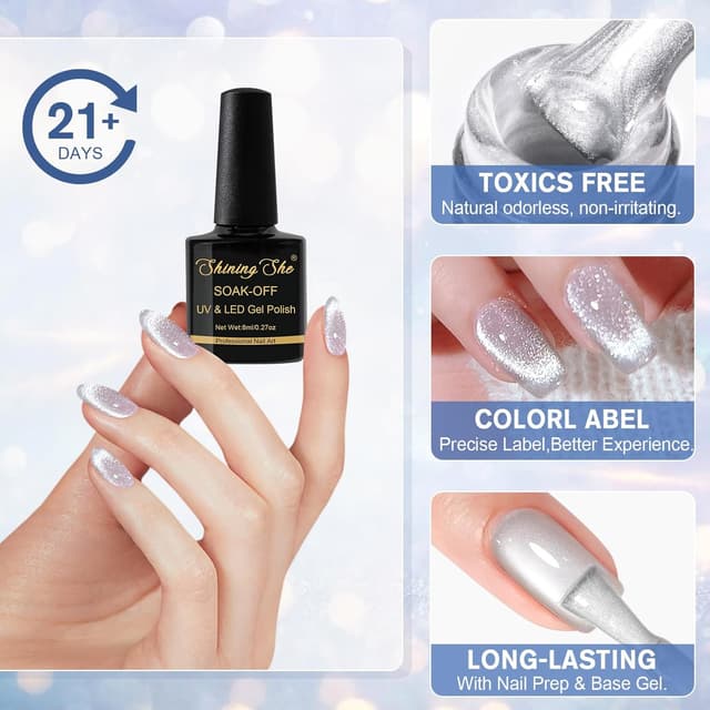 Detalle de Shining She UV Cat-Eye Nagellack Set (4 Farben, 9D Holographic) – Katzenaugen mit Magnet-Effekt, 8 ml