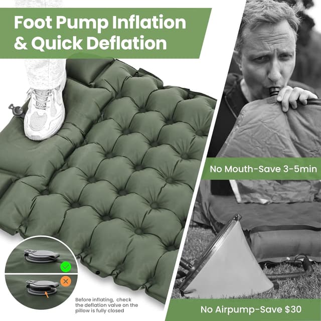 Detalle 2 de ROPOODA Camping Mattress self-inflating sleeping mat with built-in foot pump and pillow, grey (77'' x 27'' x 3.9'')