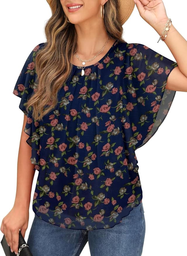 Detalle de QIXING Chiffon Kurzarm Bluse Damen mit Fledermausärmel und Rundhalsausschnitt