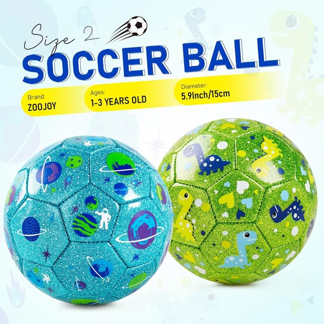 Detalle de ZOOJOY Size 2 Kids Soccer Ball 2-Pack (Glitter Dinosaur & Planet) with Pump and Mesh Bag
