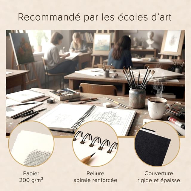 Detalle de Carnet à dessin relié A4 à spirales – Papier très épais 200 g/m², 40 feuilles (80 pages)