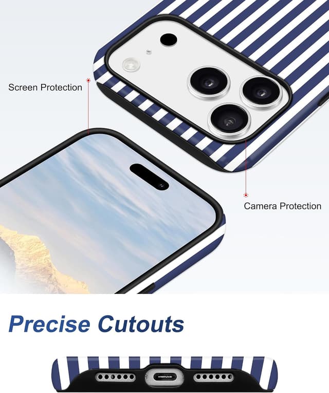 Detalle de Jusy Handyhülle magnetische für iPhone 17 Pro Max – zweischichtig, MagSafe-kompatibel, tiefblau gestreift