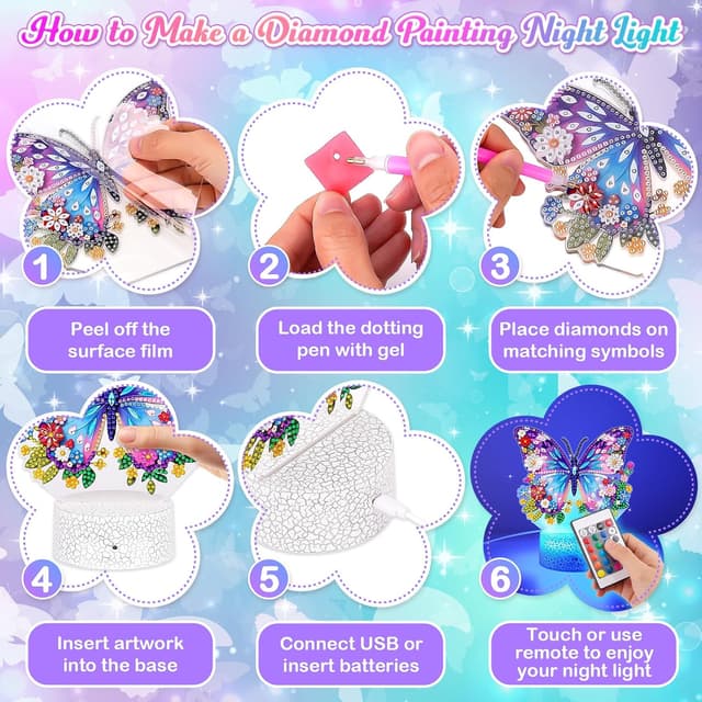 Detalle de Girls Butterfly Diamond Painting Night Light Craft Kit (Age 5–12) with Touch & Remote Control